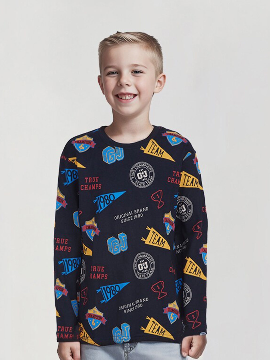 

Gini and Jony Boys Typography Printed Cotton T-shirt, Navy blue