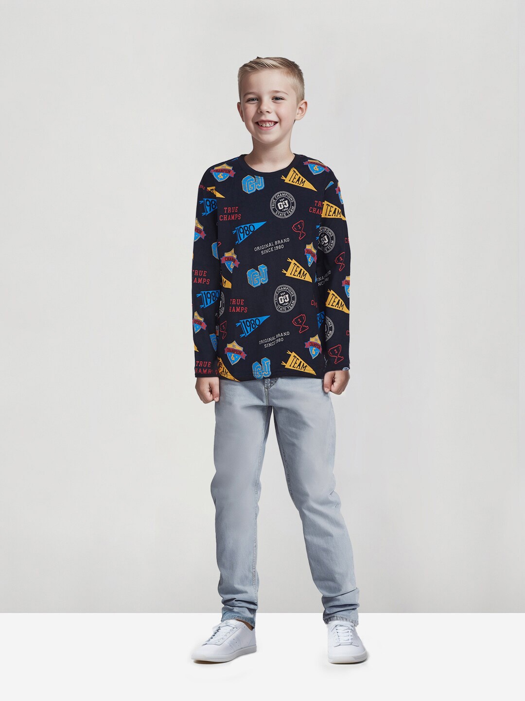 

Gini and Jony Infants Boys Typography Printed Cotton T-shirt, Navy blue