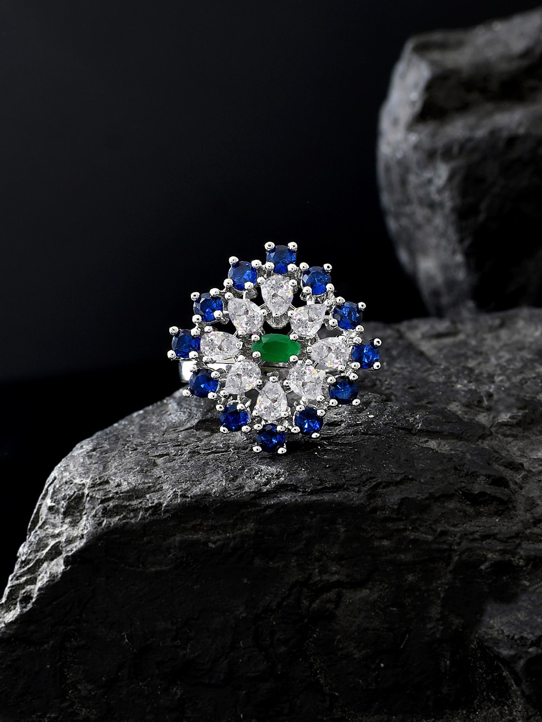 

Voylla Rhodium-Plated CZ Studded Finger Ring, Silver