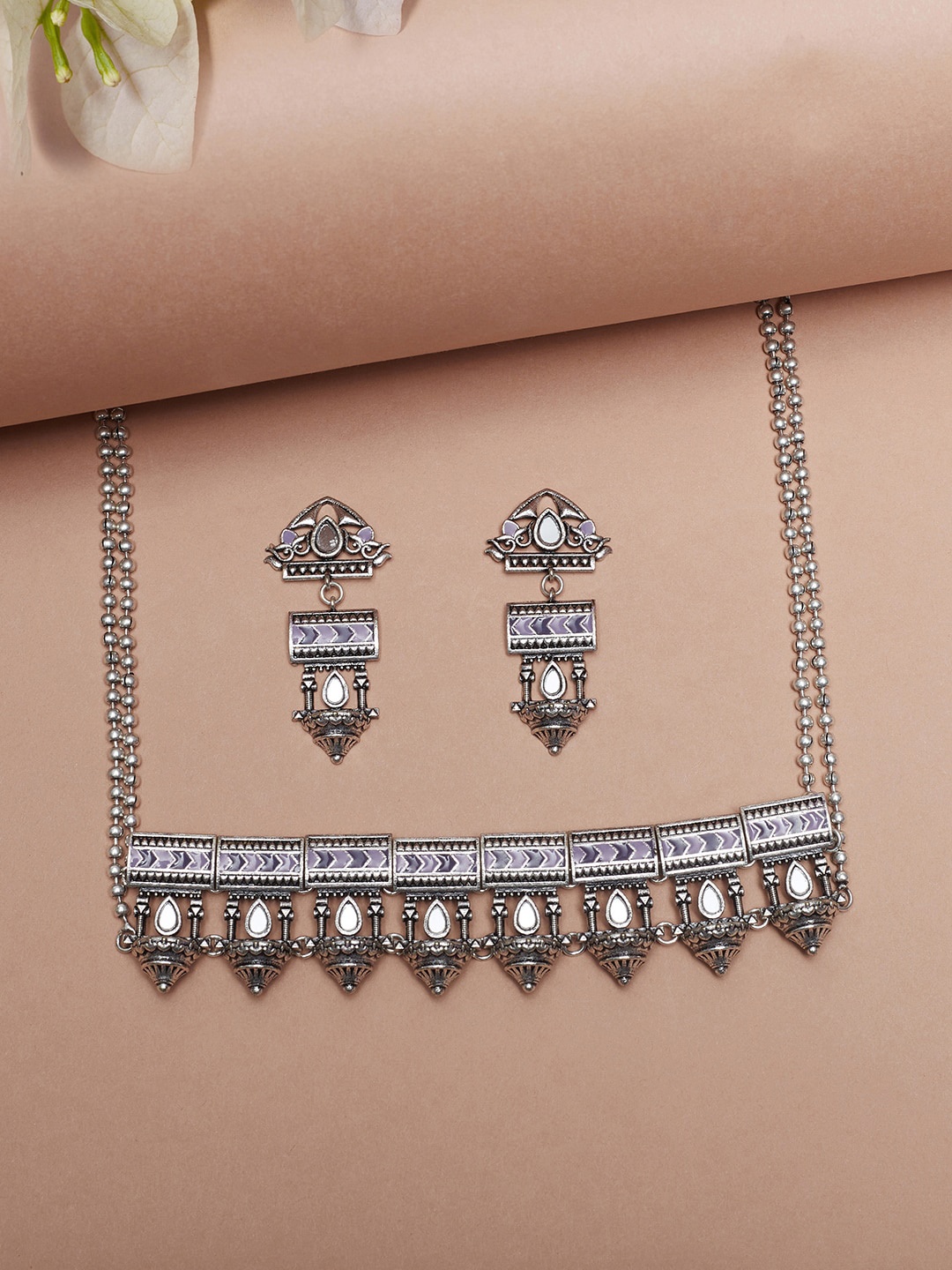 

Voylla Silver Plated Meenakari Design Stone-studded & Beaded Jewellery Set