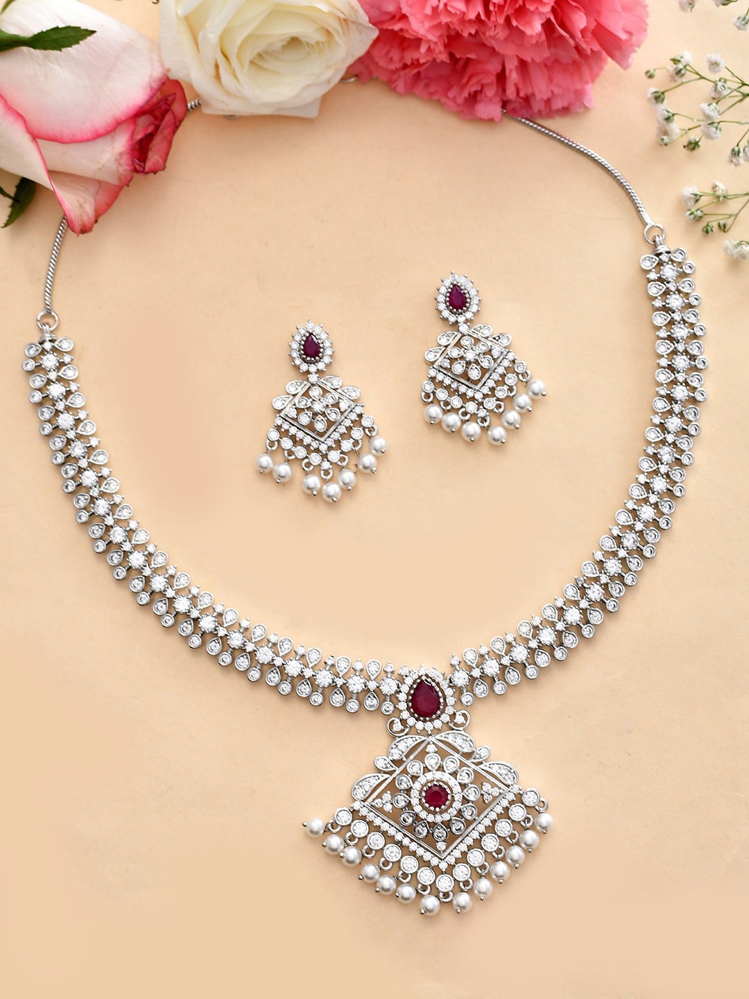 

Voylla Rhodium-Plated CZ-Studded Jewellery Set, White