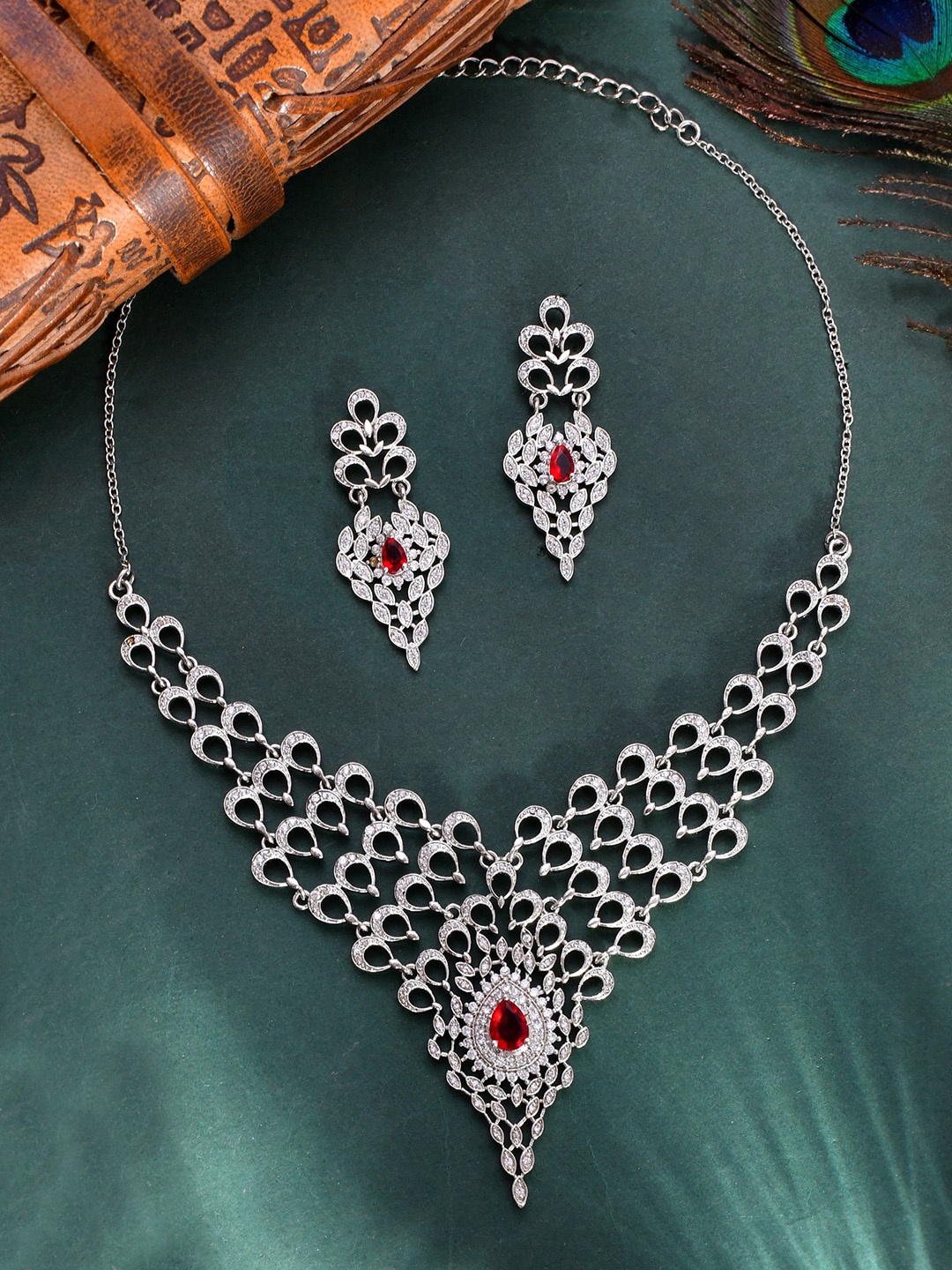 

Voylla Silver Plated Cubic Zirconia Stone-Studded Jewellery Set