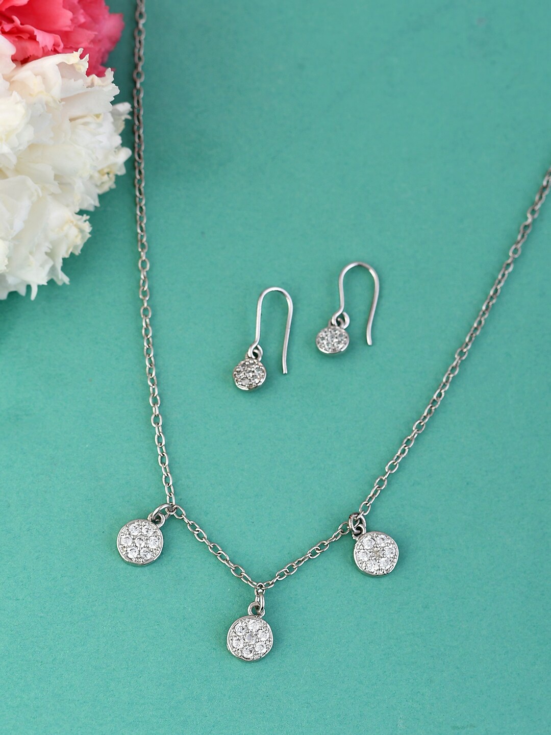 

Voylla Rhodium-Plated CZ-Studded Jewellery Set, Silver