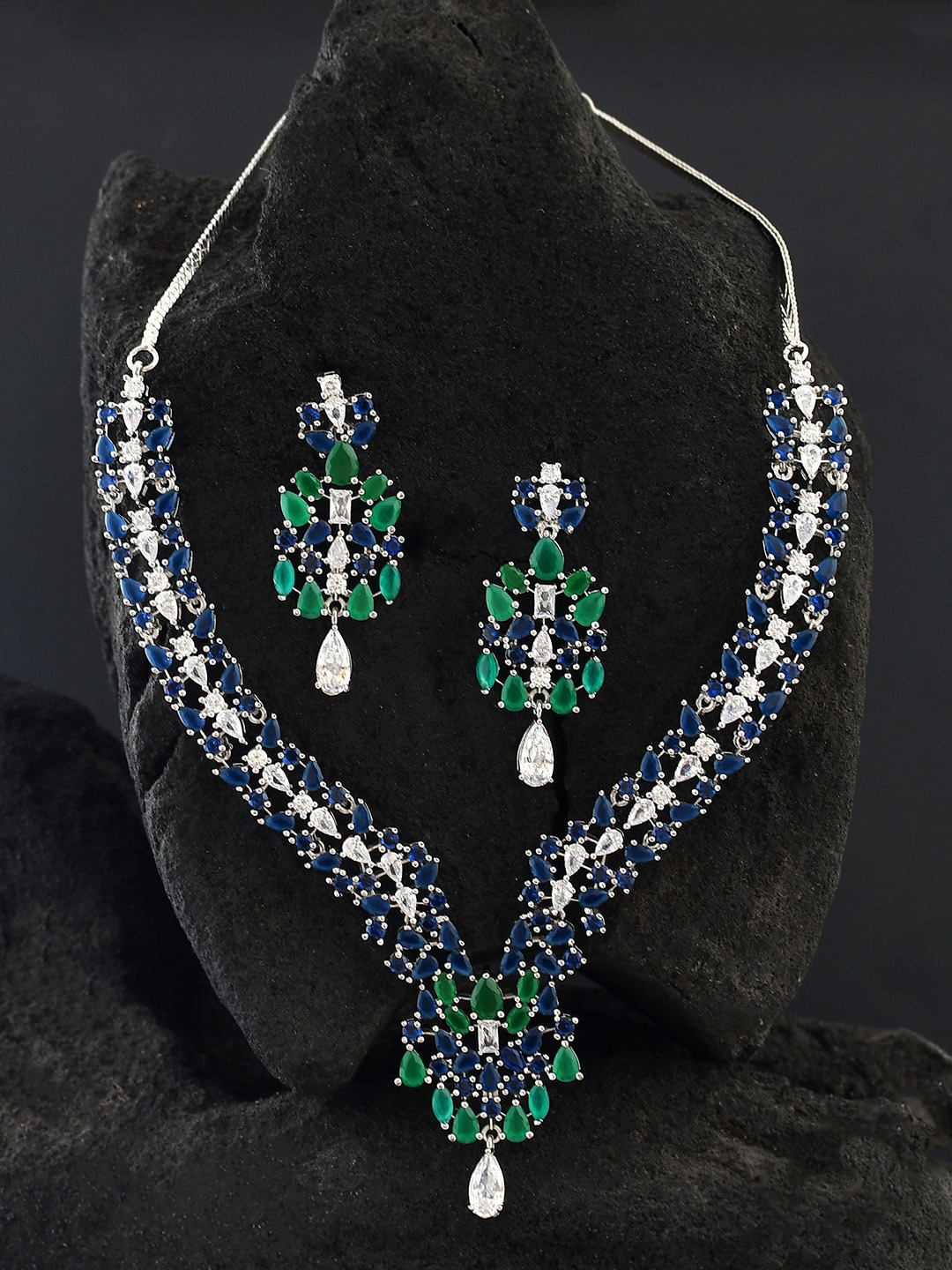 

Voylla Rhodium-Plated CZ-Studded Jewellery Set, Silver