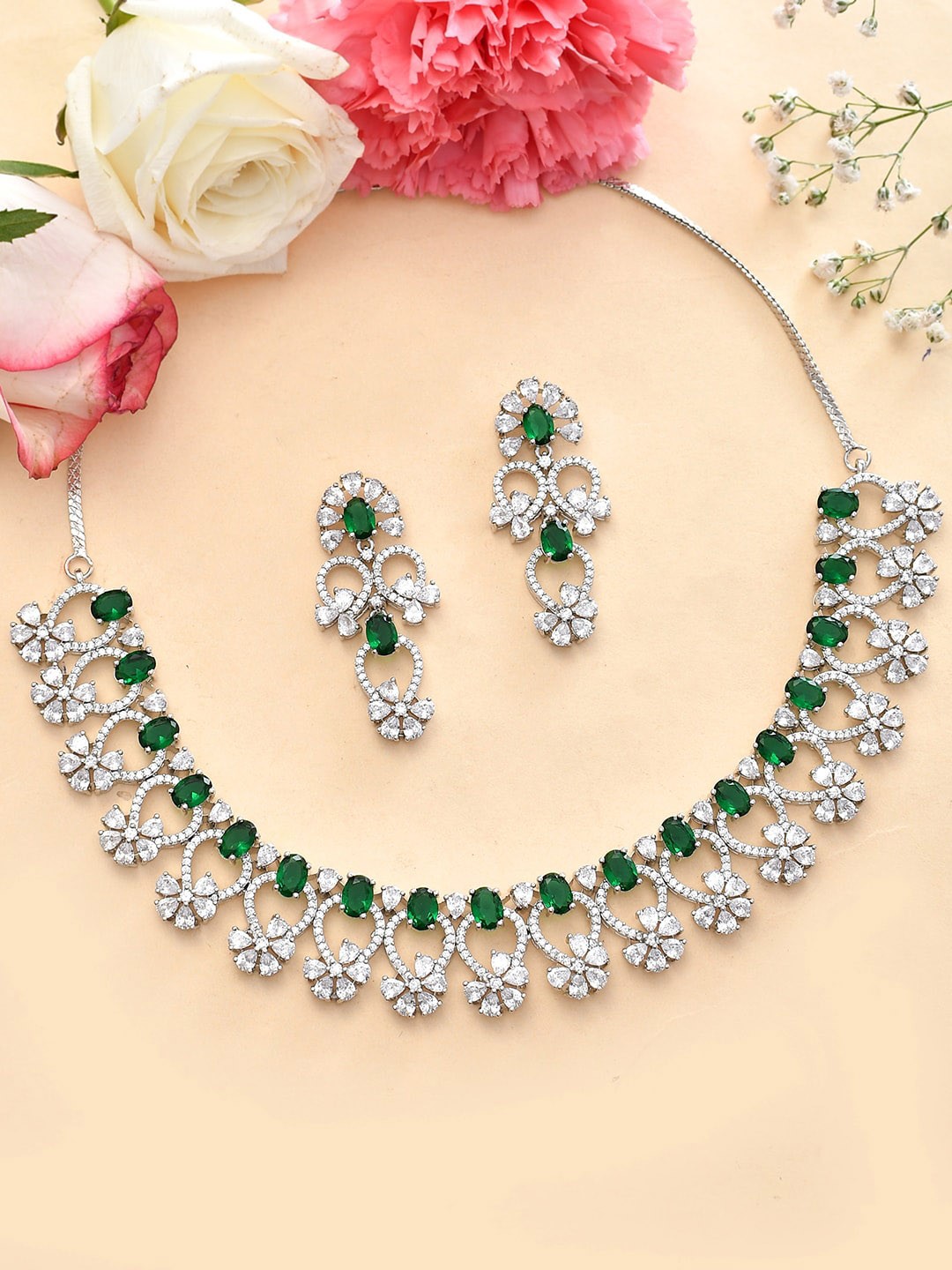 

Voylla Rhodium-Plated CZ-Studded Jewellery Set, Silver