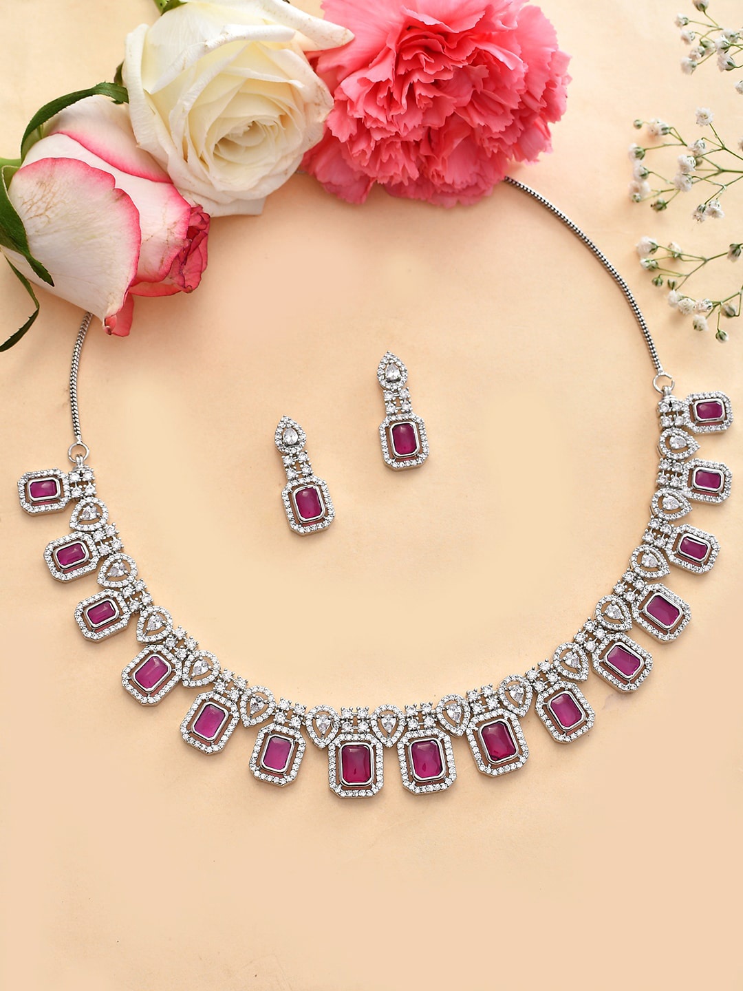 

Voylla Rhodium-Plated CZ-Studded Jewellery Set, Silver
