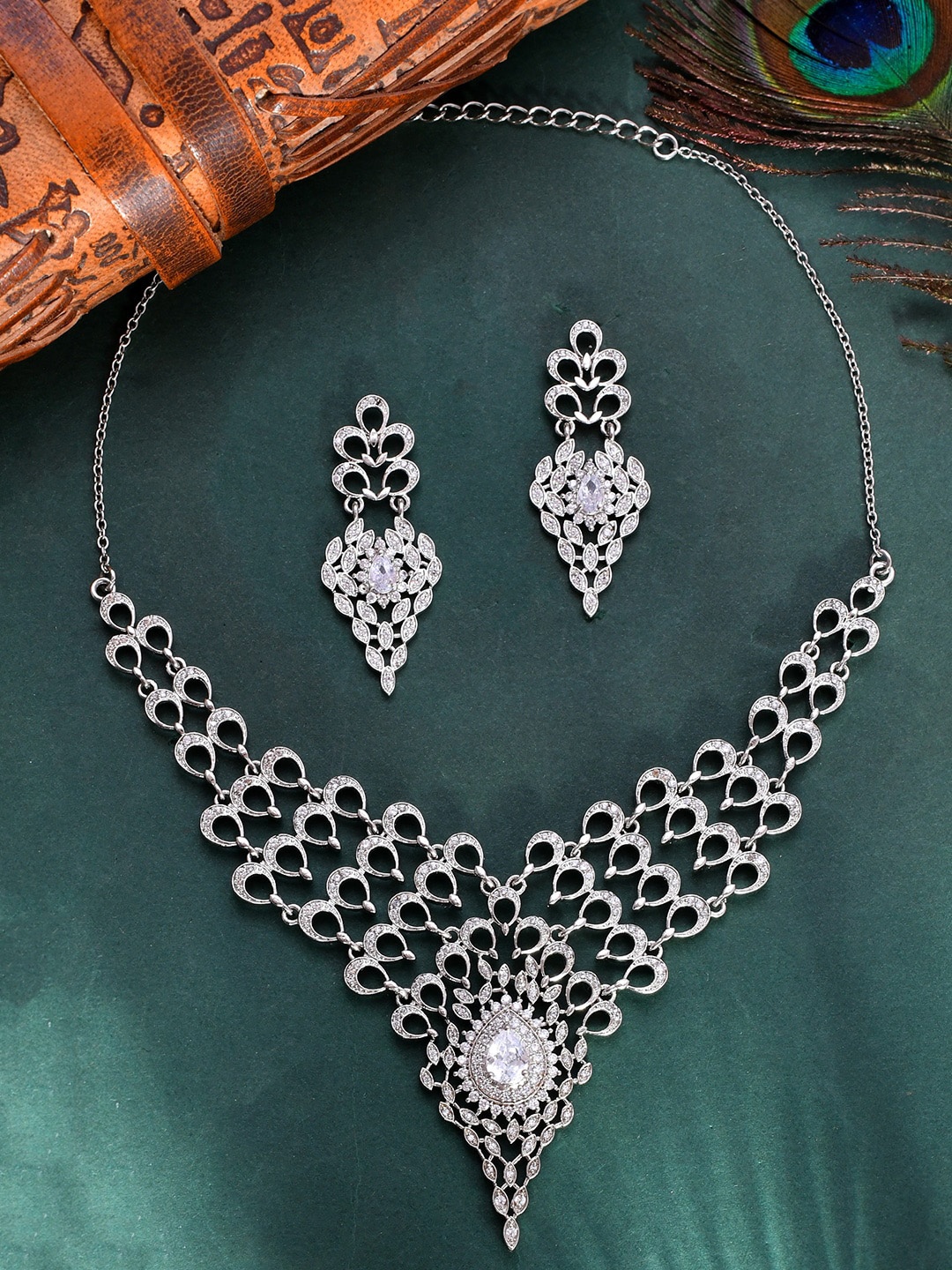 

Voylla Rhodium-Plated CZ-Studded Jewellery Set, Silver
