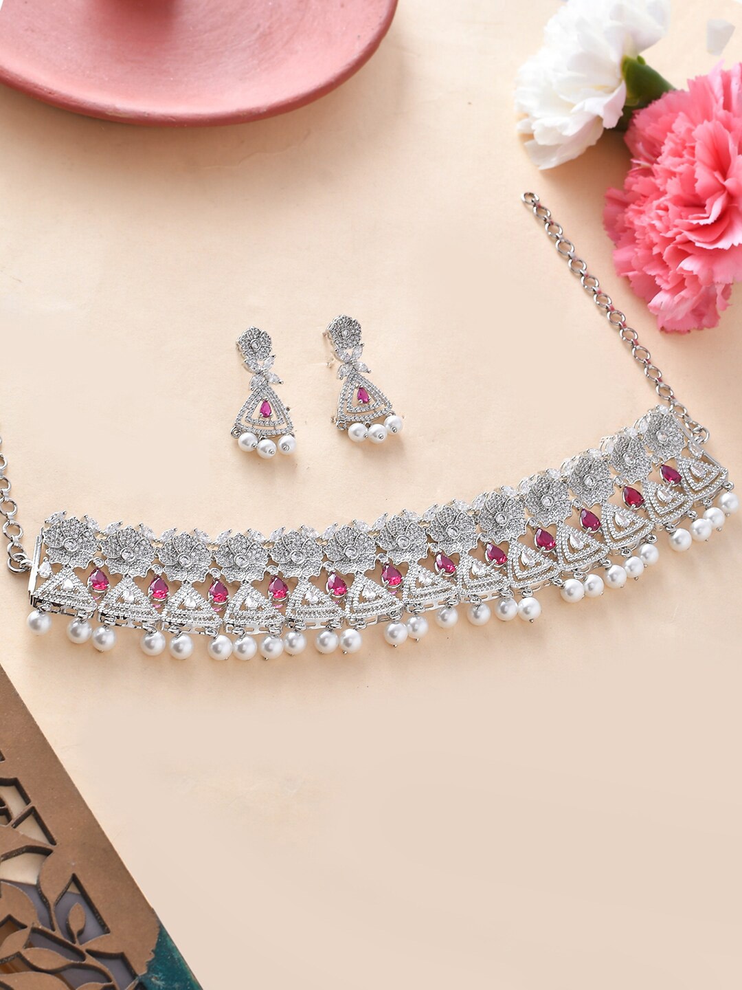 

Voylla Rhodium-Plated CZ-Studded Jewellery Set, Silver