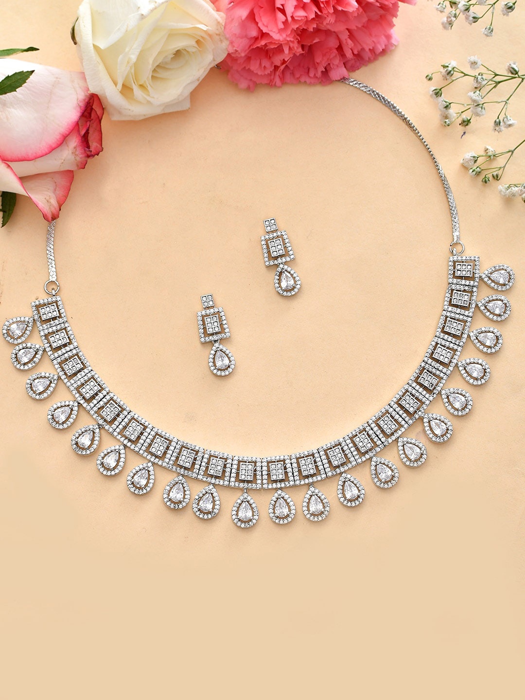 

Voylla Rhodium-Plated CZ-Studded Jewellery Set, Silver
