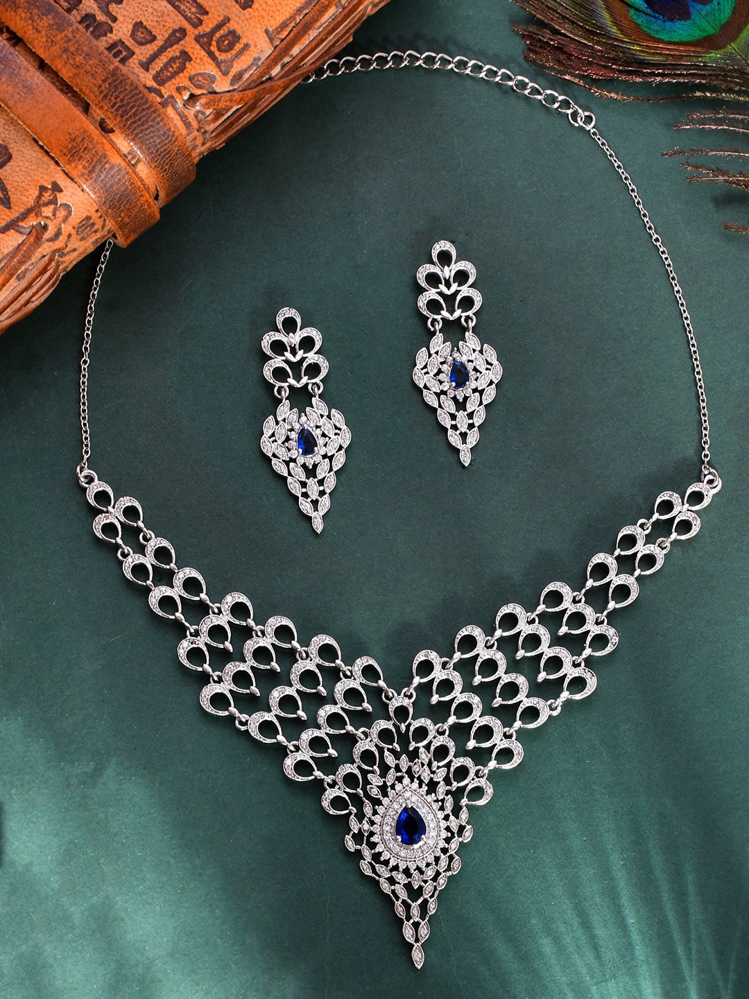 

Voylla Rhodium-Plated CZ-Studded Jewellery Set, Silver