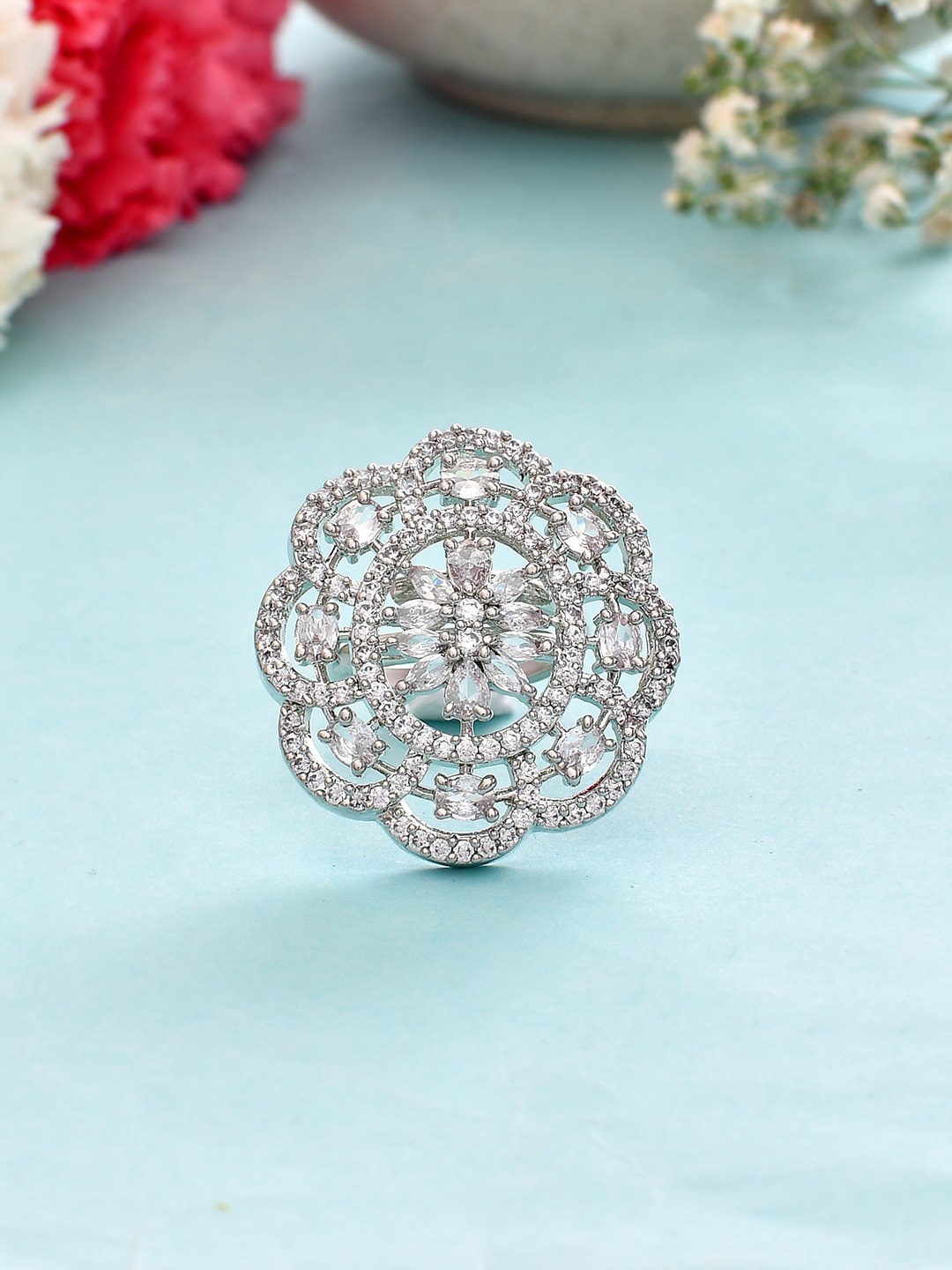 

Voylla Rhodium-Plated Flower Design Silver Finger Ring
