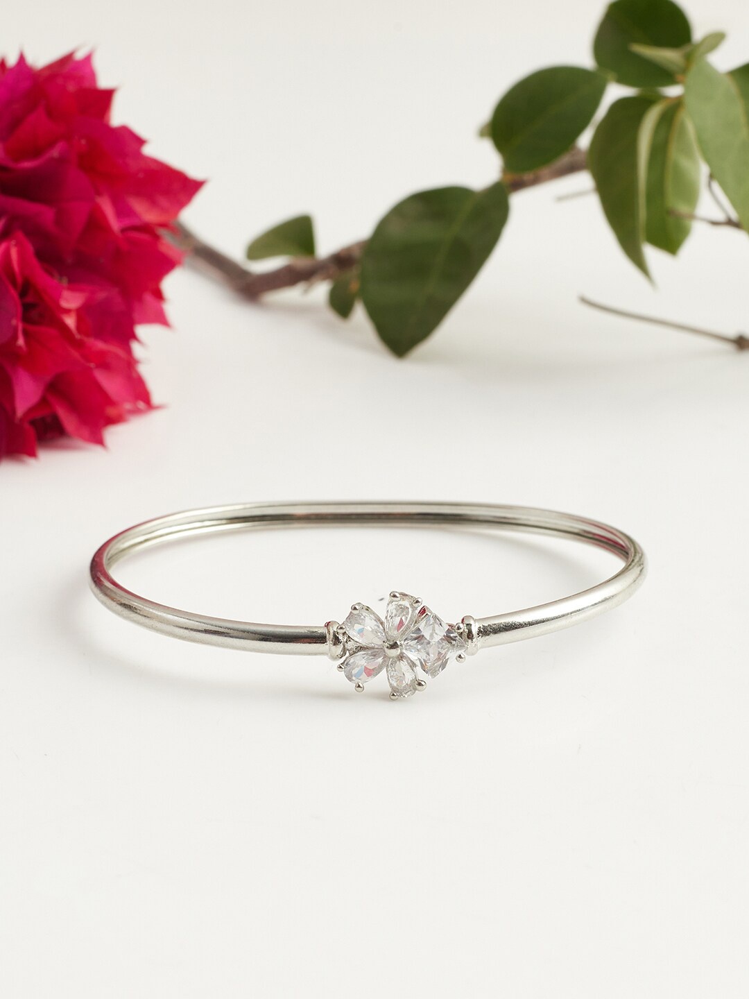

Voylla Rhodium-Plated Cubic Zirconia Floral Design Kada Bracelet, Silver