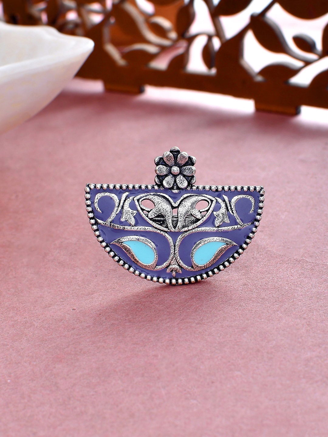 

Voylla Silver-Plated Oxidised Enamelled Adjustable Ring