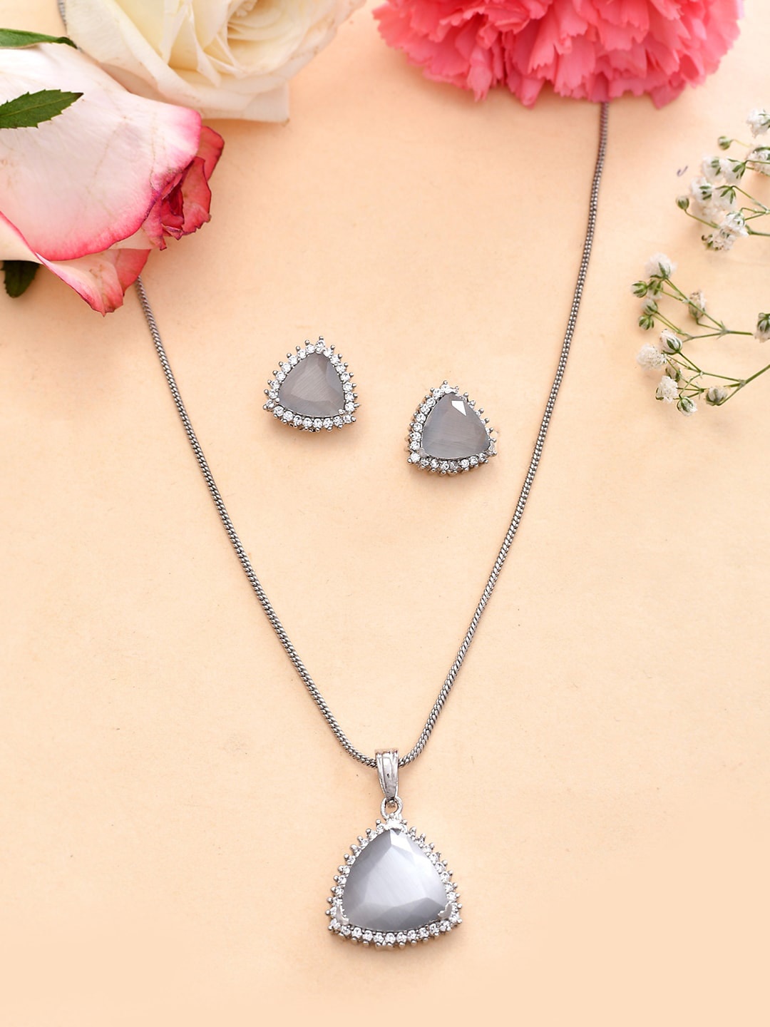 

Voylla Rhodium-Plated CZ-Studded Jewellery Set, Silver