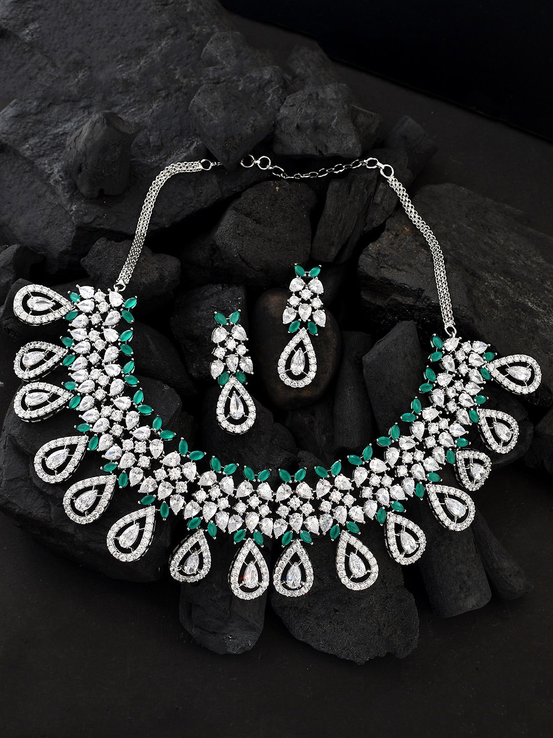 

Voylla Rhodium-Plated CZ-Studded Jewellery Set, Silver