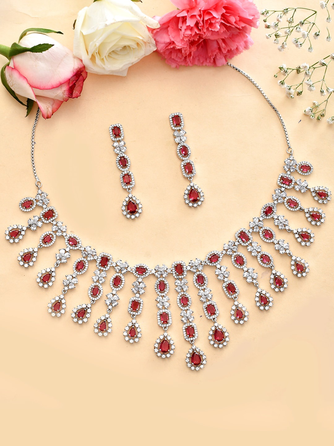 

Voylla Rhodium-Plated CZ-Studded Jewellery Set, Silver