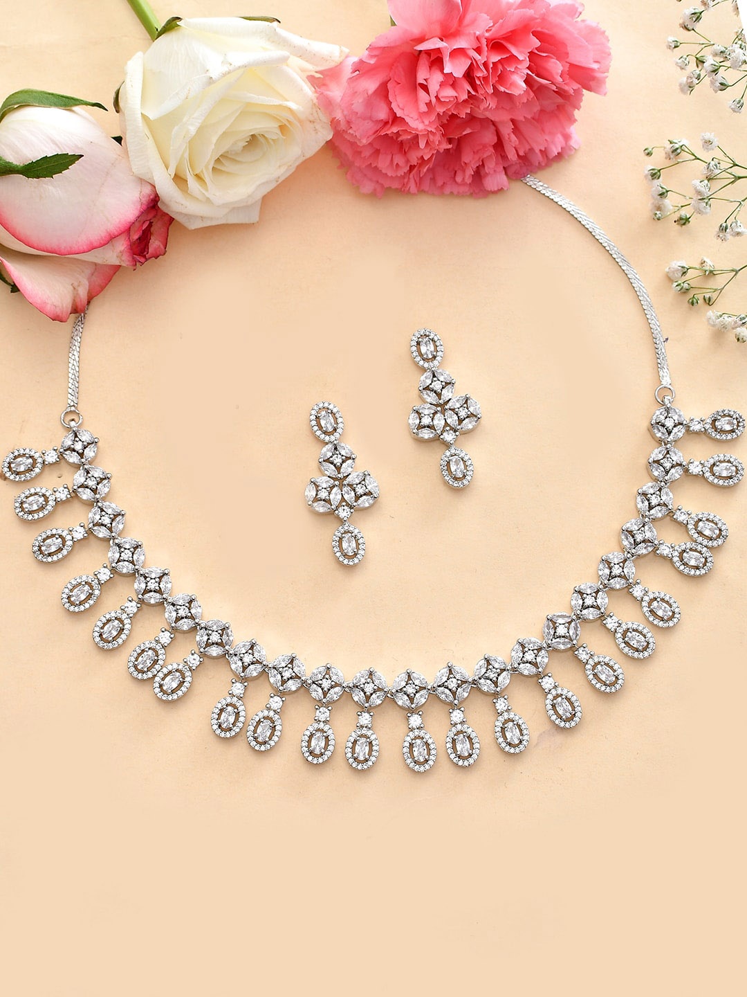 

Voylla Rhodium-Plated CZ-Studded Jewellery Set, Silver