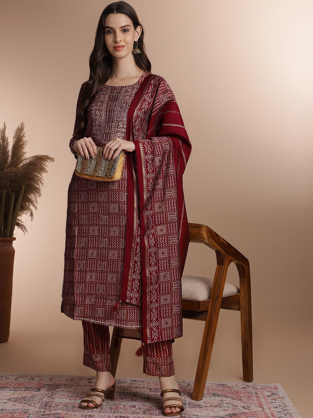 

Anouk Red Ethnic Motifs Printed Thread Work Detail Straight Kurta & Trouser With Dupatta