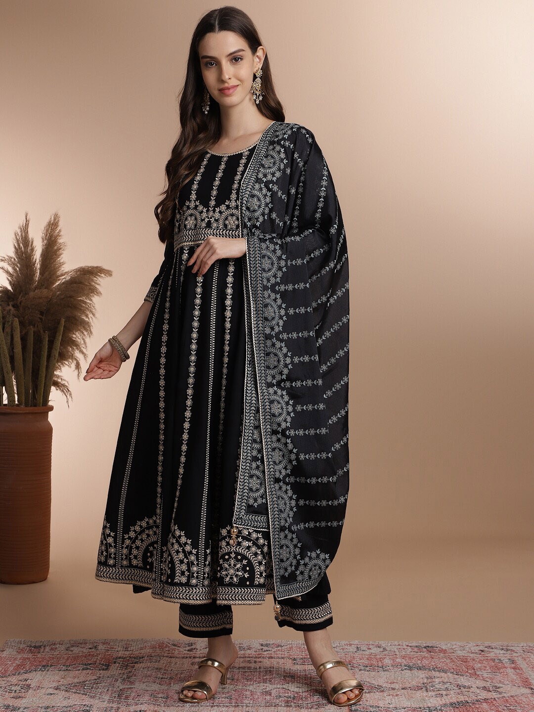 

Anouk Women Black Embroidered Regular Kurta with Trousers & With Dupatta
