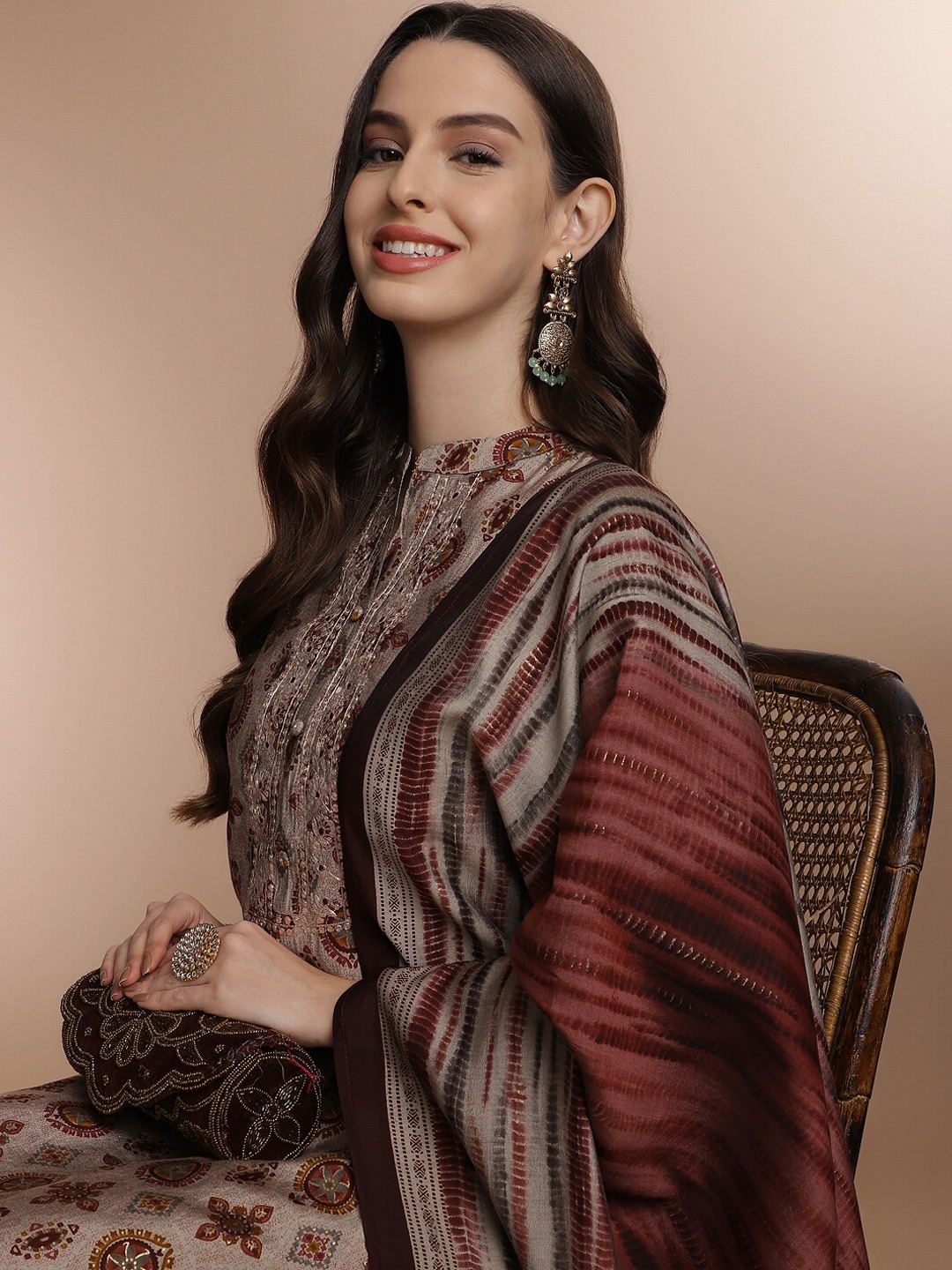

Anouk Embroidered Regular Kurta with Trousers & With Dupatta, Brown