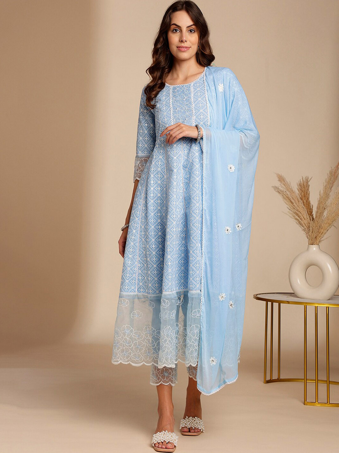 

Anouk Embroidered Regular Pure Cotton Anarkali Kurta with Trousers & Dupatta, Turquoise blue