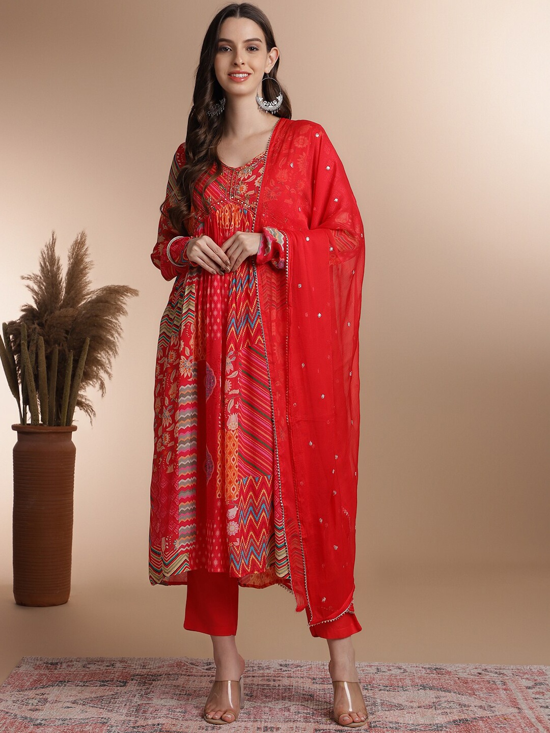 

Anouk Red Floral Printed Beads & Stones Empire Kurta With Trousers & Dupatta