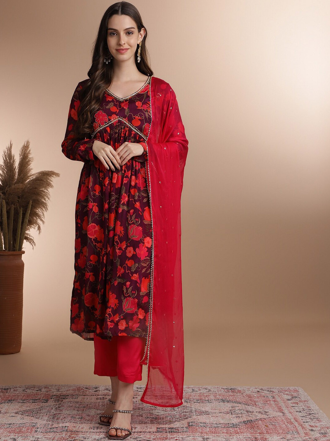 

Anouk Floral Printed Kurta & Trousers With Dupatta, Purple