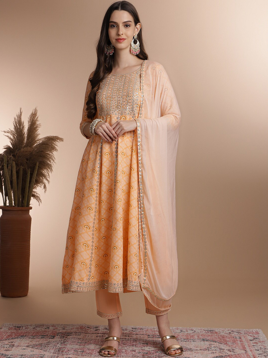 

Anouk Orange-Coloured Ethnic Motifs Printed Anarkali Kurta & Trouser With Dupatta