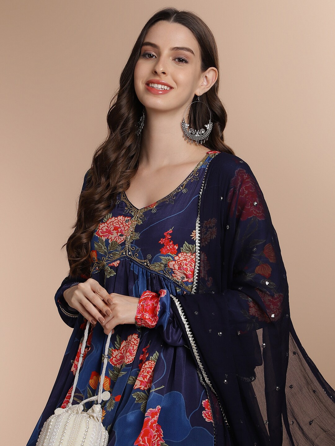 

Anouk Floral Printed Beads and Stones Kurta & Trousers With Dupatta, Blue