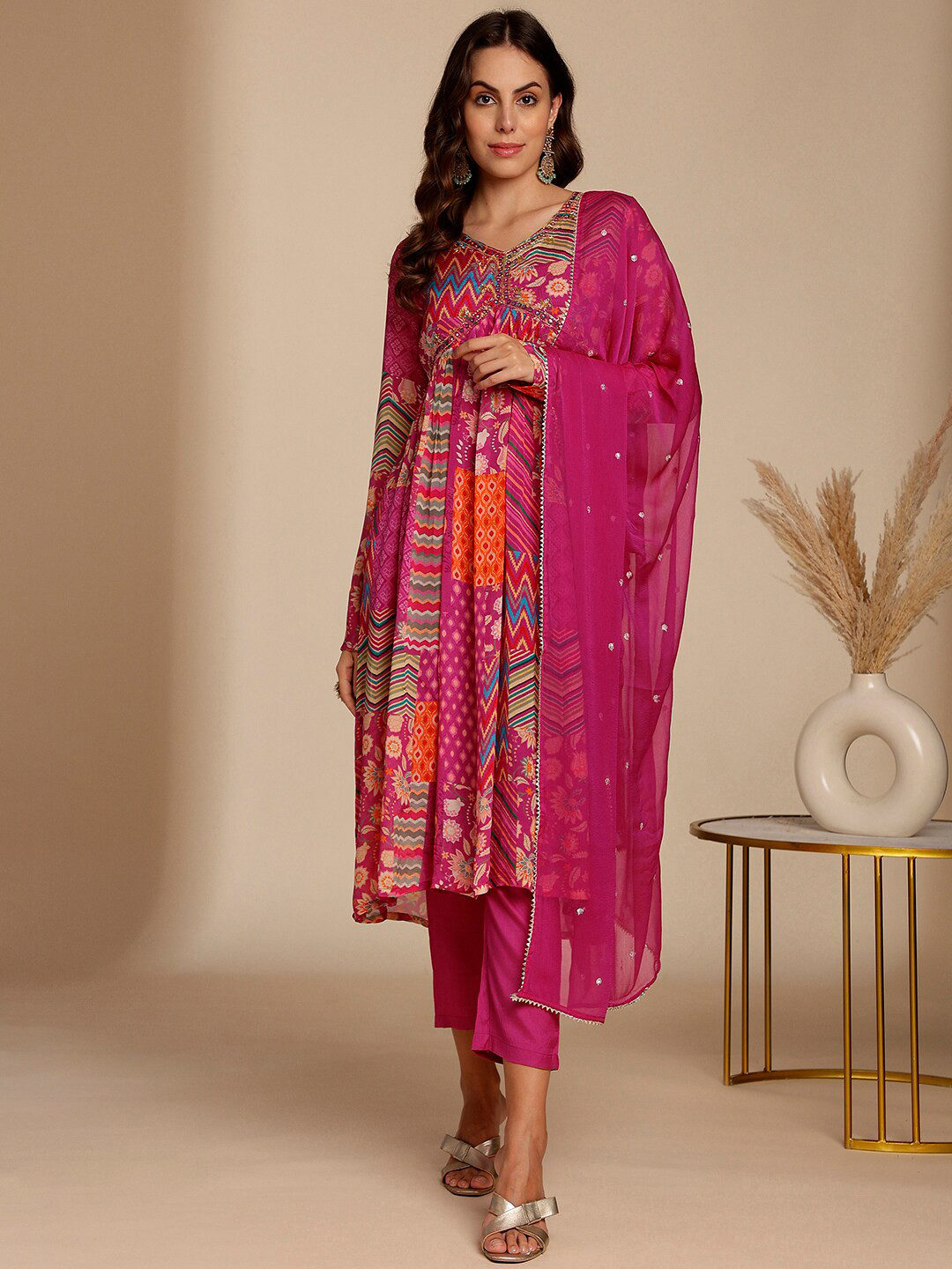 

Anouk Ethnic Motifs Printed Beads and Stones Kurta & Trousers With Dupatta, Pink