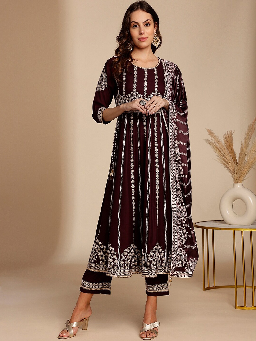 

Anouk Women Burgundy Embroidered Regular Kurta with Trousers & With Dupatta