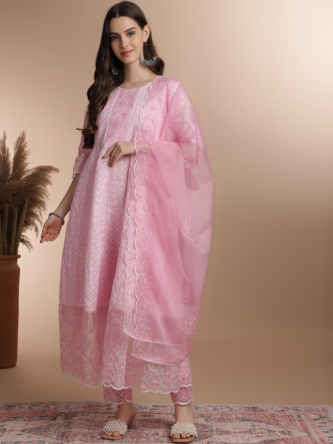 

Anouk Ethnic Motifs Embroidered Pure Cotton Kurta & Trousers With Dupatta, Pink