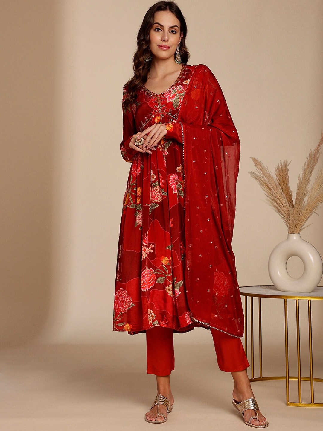 

Anouk Maroon Floral Printed A-Line Kurta With Trousers & Dupatta