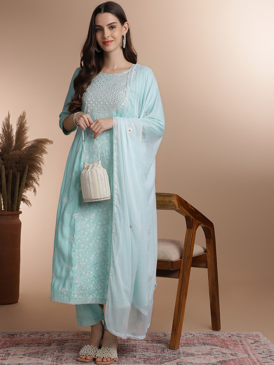 

Anouk Ethnic Motifs Embroidered Panelled Mirror Work Kurta with Trousers & Dupatta, Sea green