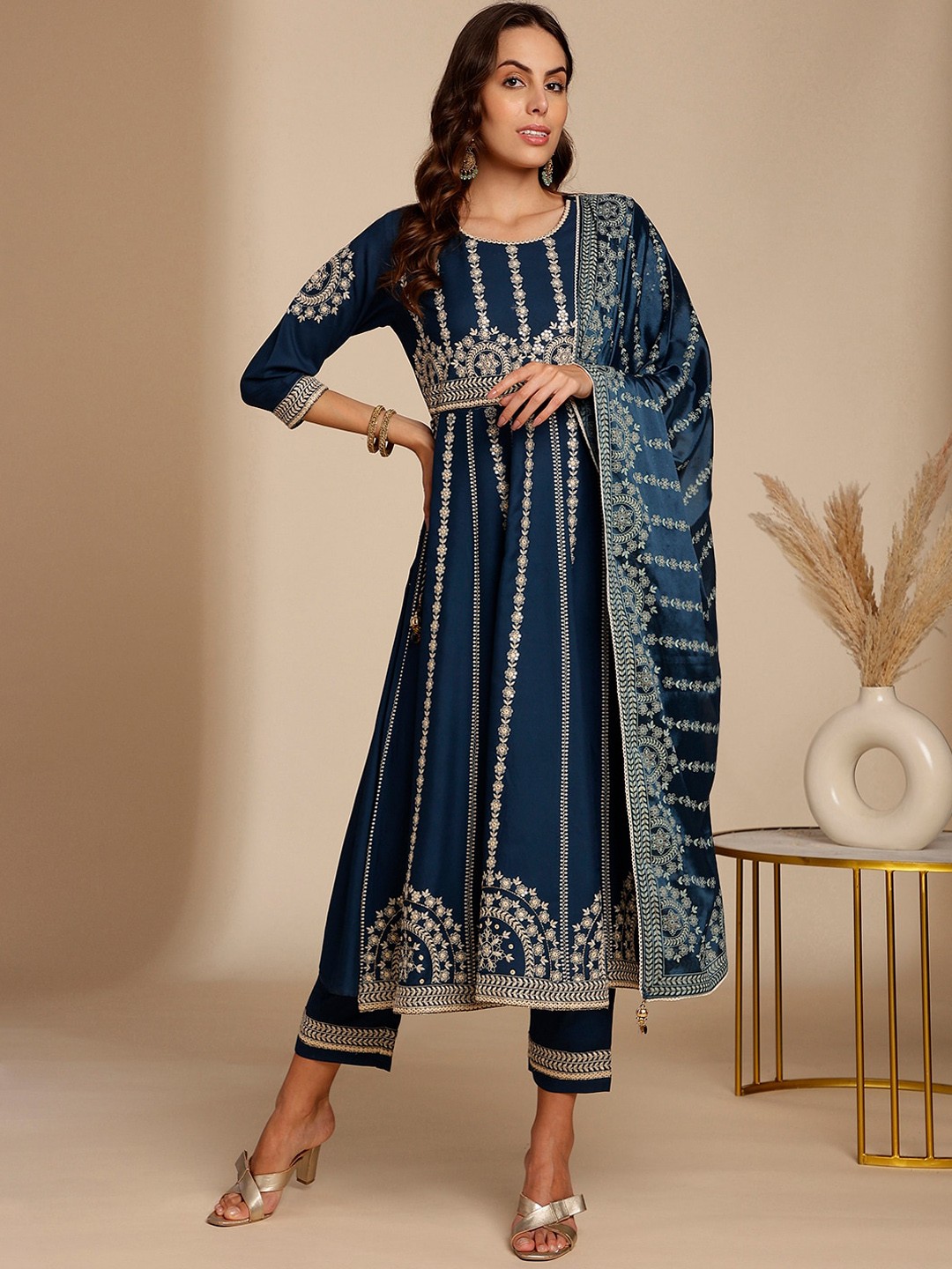 

Anouk Women Teal Embroidered Regular Kurta with Trousers & With Dupatta
