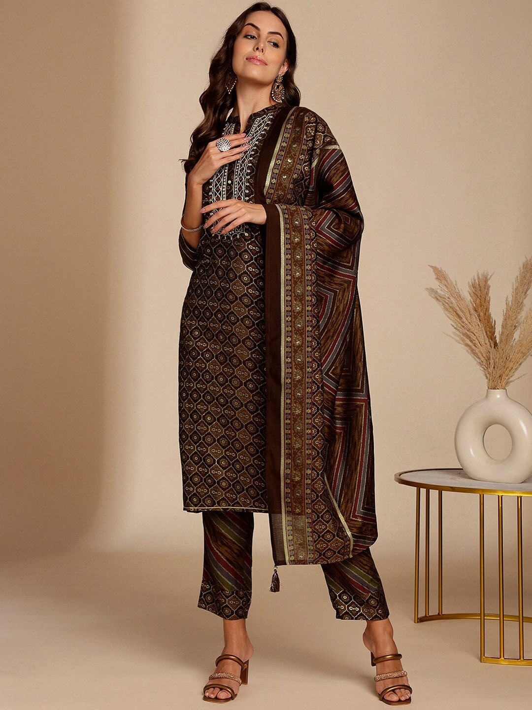 

Anouk Brown Ethnic Motifs Printed Thread Work Kurta with Trousers & Dupatta