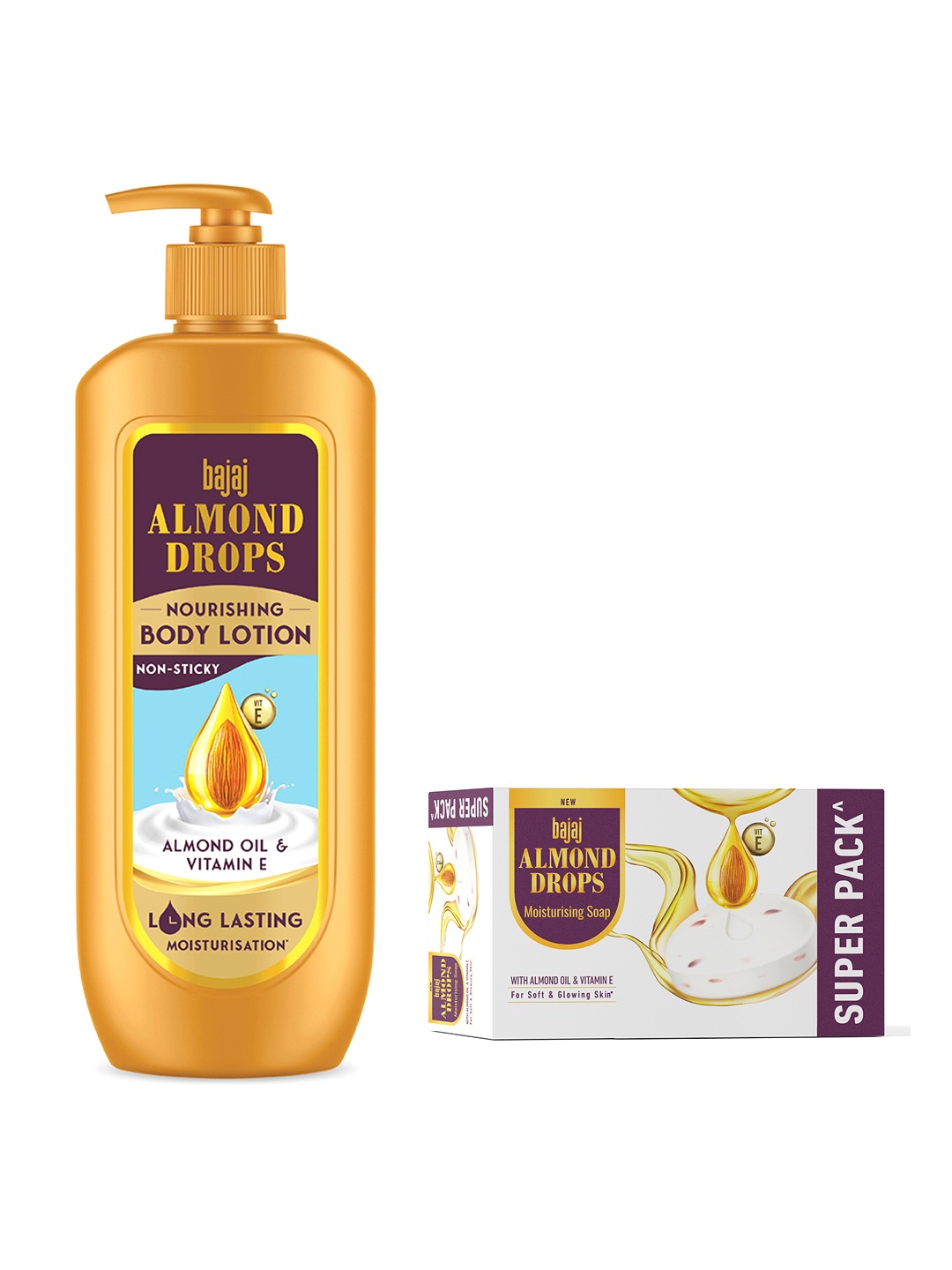 

BAJAJ CONSUMER CARE Almond Drops Body Lotion 600 ml + Set of 5 Soaps 125 g Each, Gold