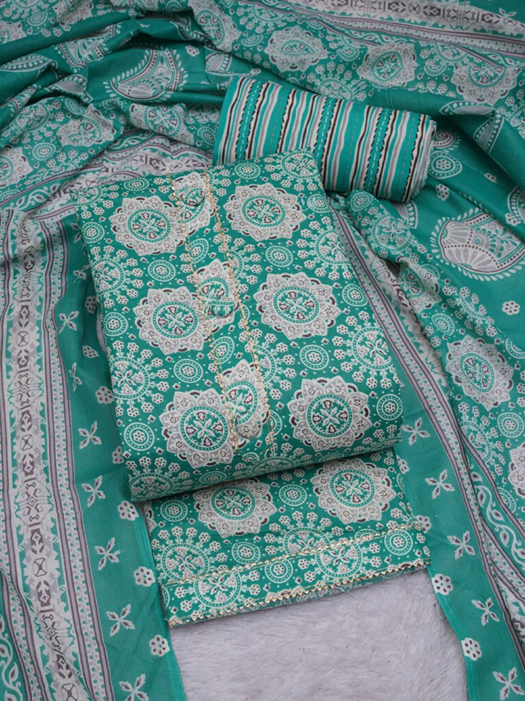 

ASISA Ethnic Motifs Printed Gotta Patti Unstitched Dress Material, Turquoise blue