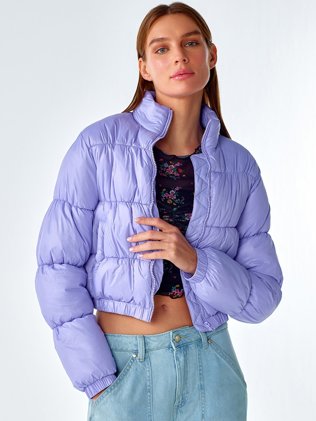 

COVER STORY Stand Collar Lightweight Crop Puffer Jacket, Purple