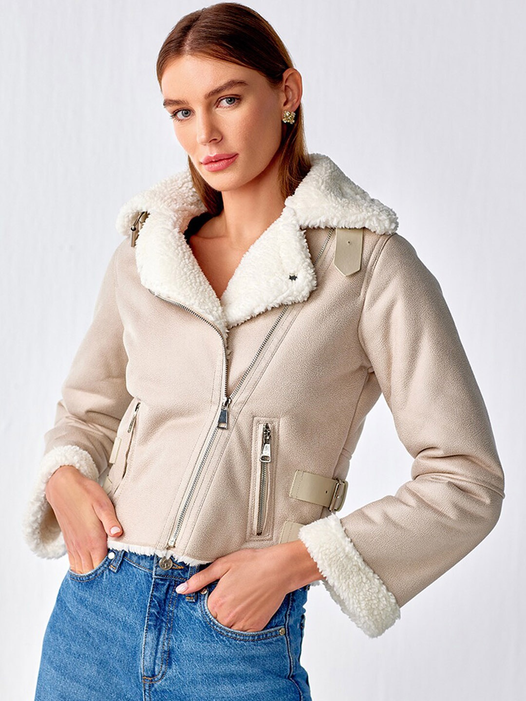 

COVER STORY Lapel Collar Faux Fur Trim Detail Lightweight Biker Jacket, Beige