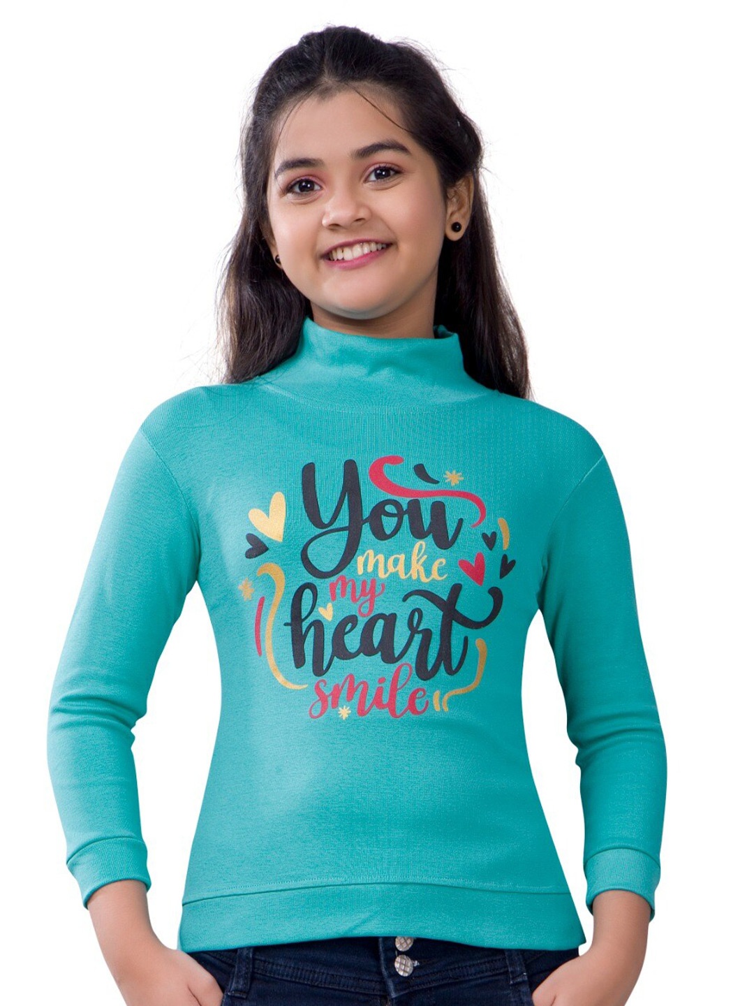 

BAESD Girls Typography Printed High Neck Pullover Sweatshirt, Turquoise blue