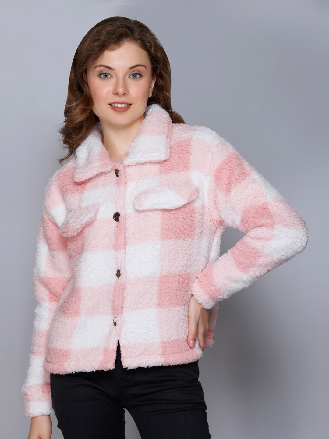 

Kanvin Pink & White Checked Shirt Collar Long Sleeves Cardigan Sweater
