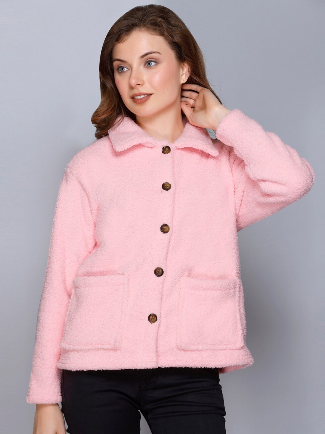 

Kanvin Shirt Collar Long Sleeves Cardigan Sweater, Pink