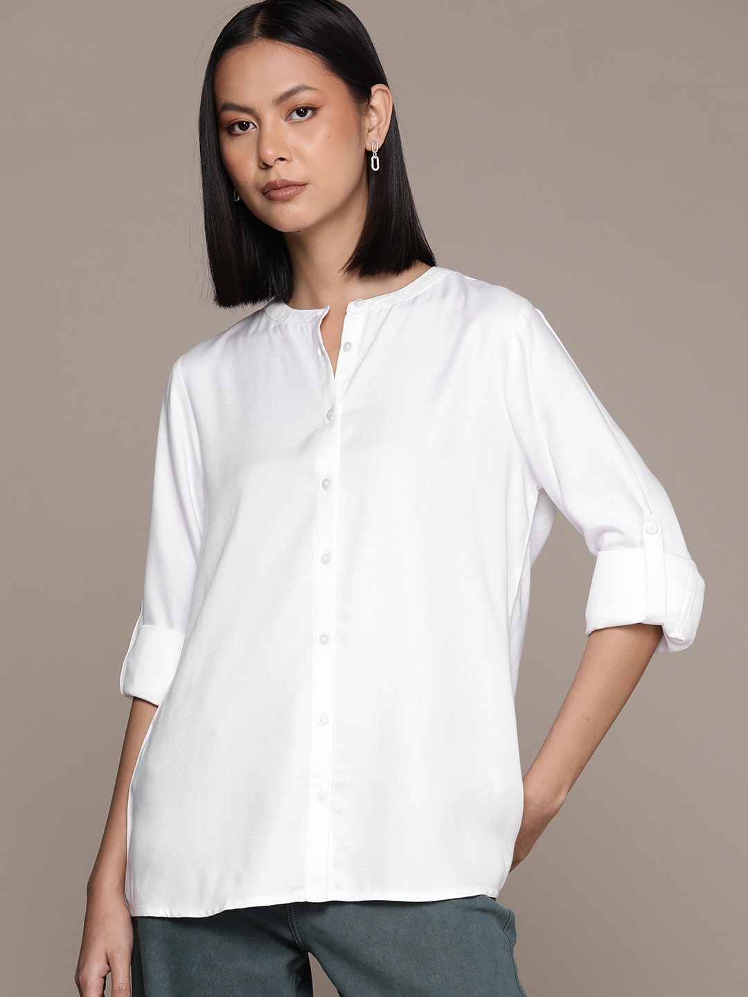 

Roadster Mandarin Collar Roll-Up Sleeves Casual Shirt, White