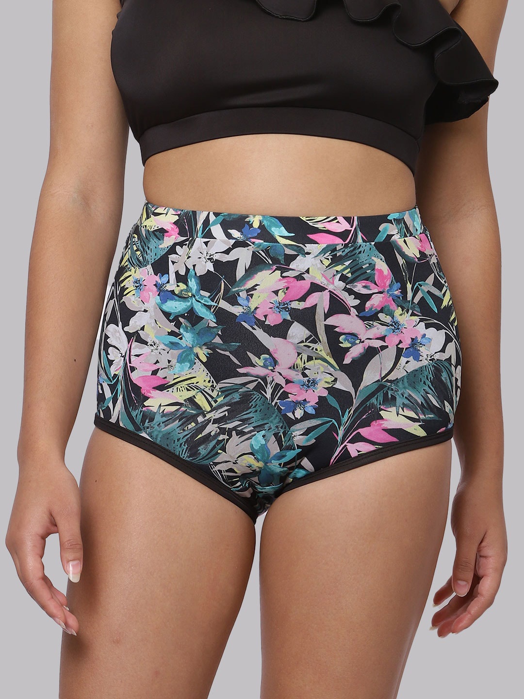 

CUKOO Floral Printed Swim Bottom, Black
