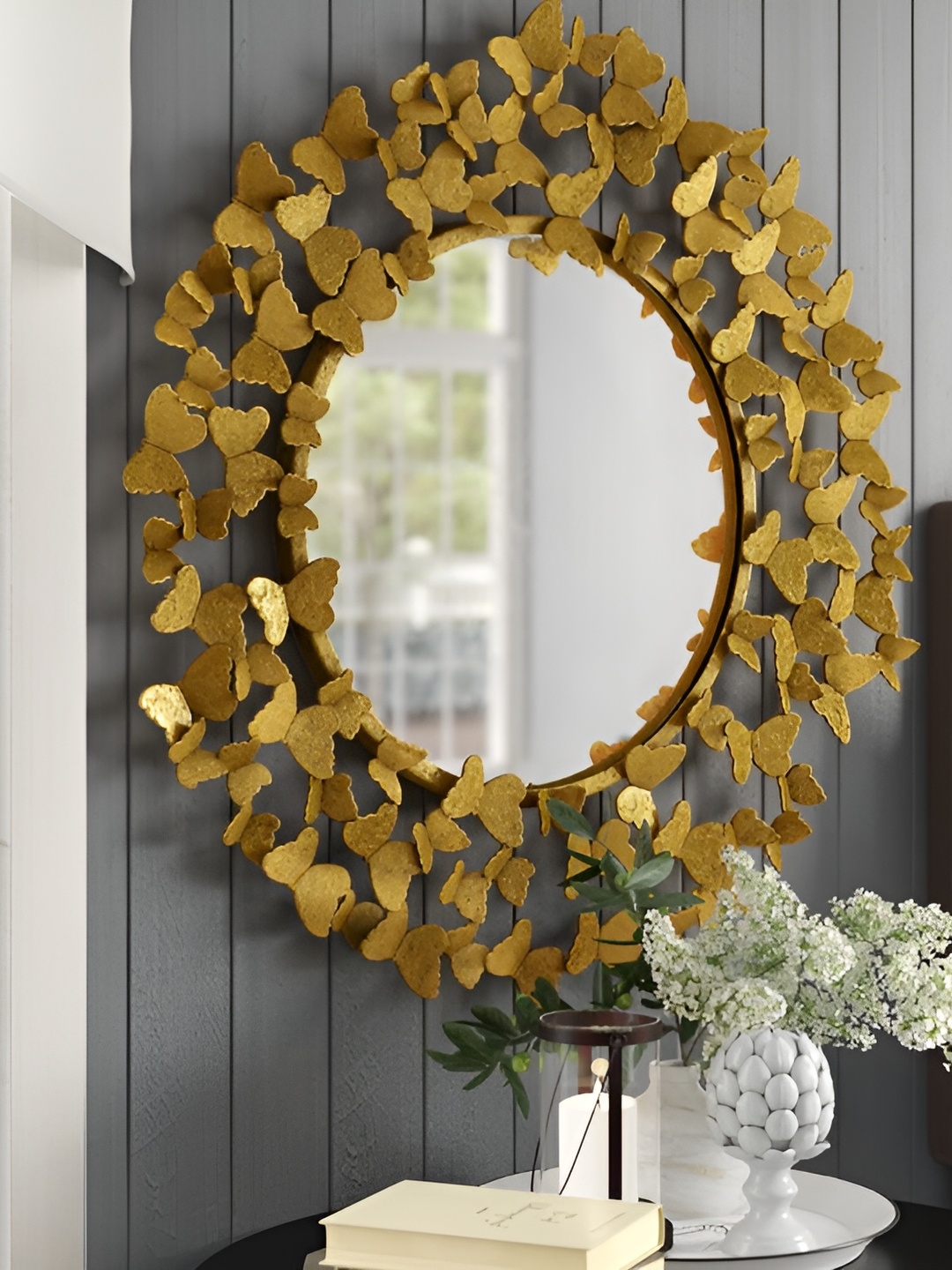 

HANDICRAFTS TOWN Gold Toned Butterfly Shaped Metal Wall Mirror