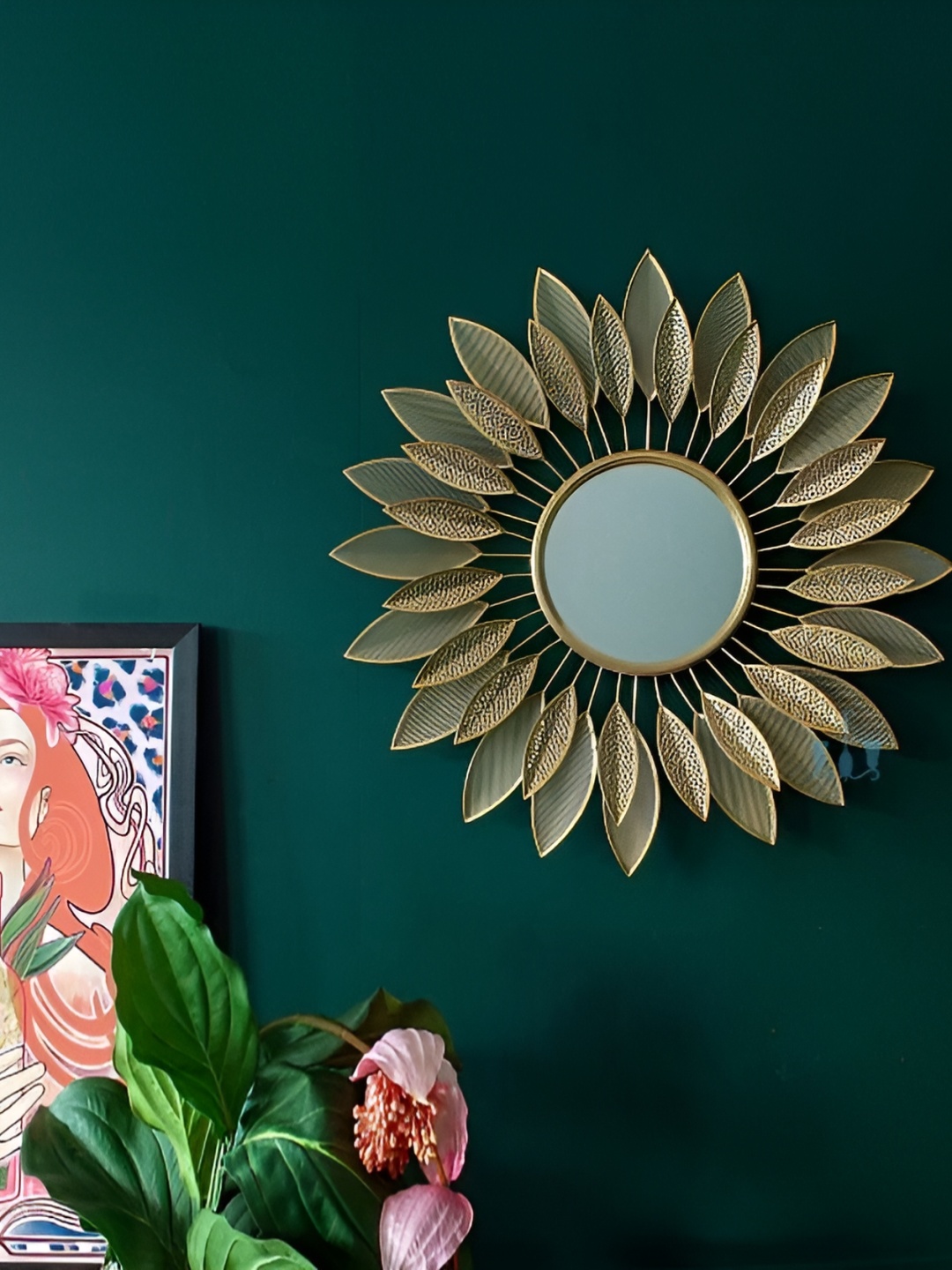

HANDICRAFTS TOWN Gold Toned Floral Metal Wall Mirror