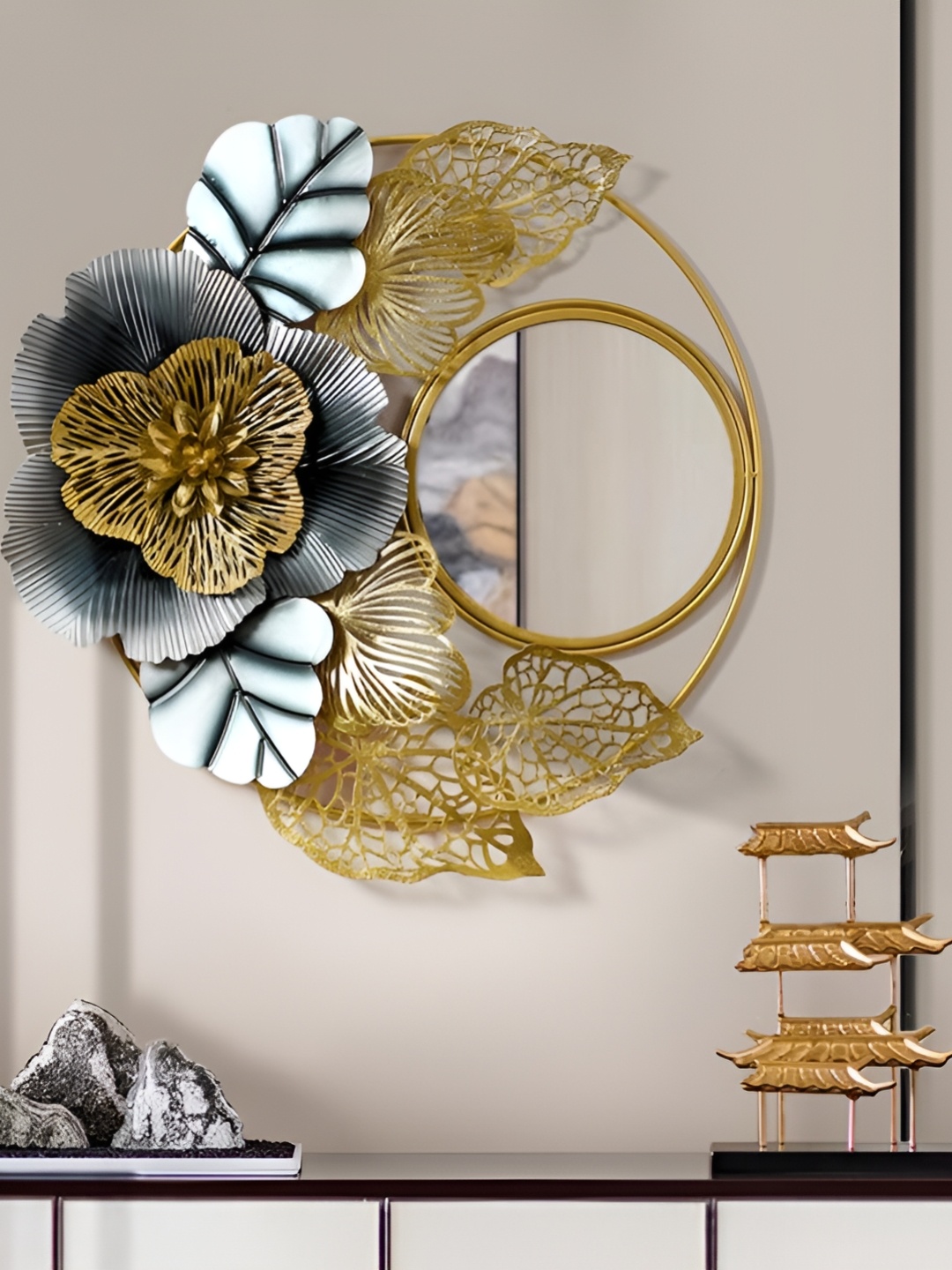 

HANDICRAFTS TOWN Gold Toned Floral Metal Wall Mirror