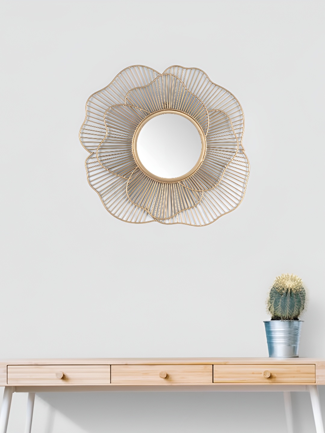 

HANDICRAFTS TOWN Gold Toned Flower Shaped Metal Wall Mirror