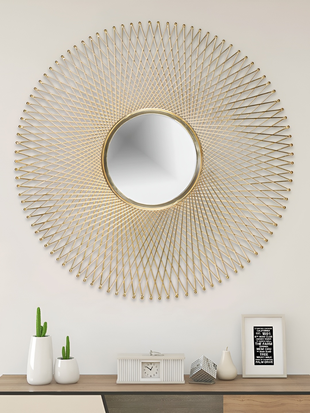 

HANDICRAFTS TOWN Gold Toned Textured Metal Wall Mirror